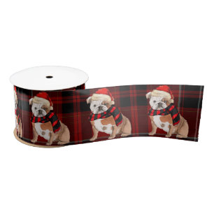 Red Plaid and English Bulldog Christmas Satin Ribbon