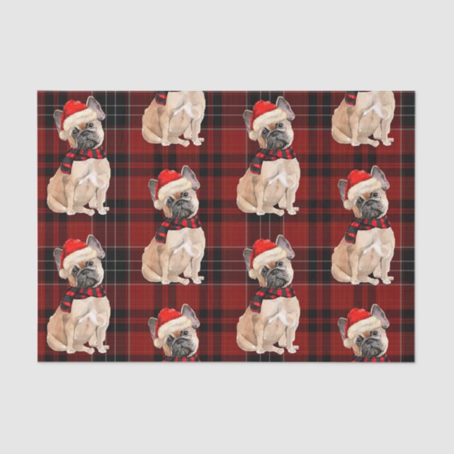Red Plaid and French Bulldog Christmas  Tissue Paper (Front)
