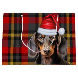 Red Plaid and Smooth Dachshund Dog Lover Holiday Large Gift Bag
