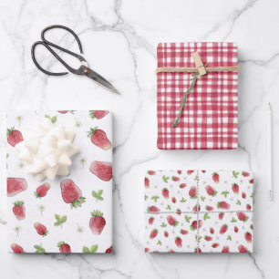 Red Plaid and Strawberries Wrapping Paper Sheet