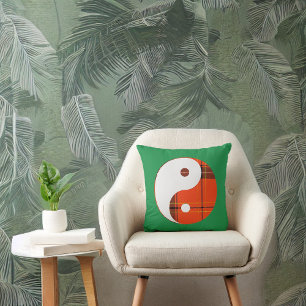 Red Plaid and White Yin Yang on Green Cushion