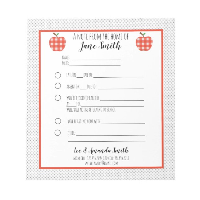 Red Plaid Apple School Note Excuse (Front)