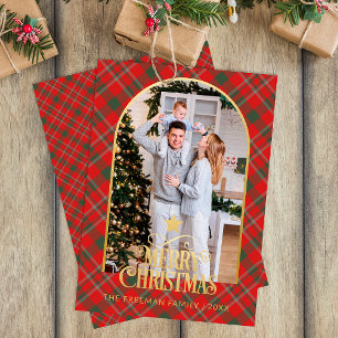 Red Plaid Arch Photo Merry Christmas Card