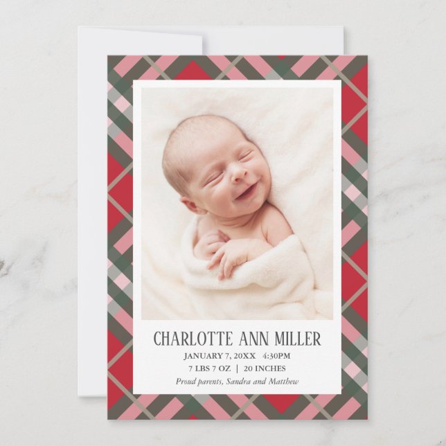 Red Plaid Baby Birth Announcement Photo Card (Front)