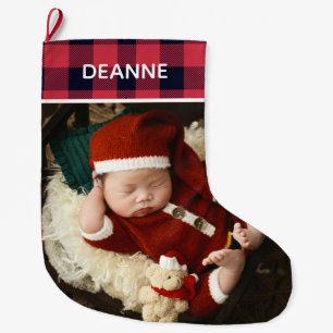 Red Plaid Baby's First Christmas 1 Photo Large Christmas Stocking