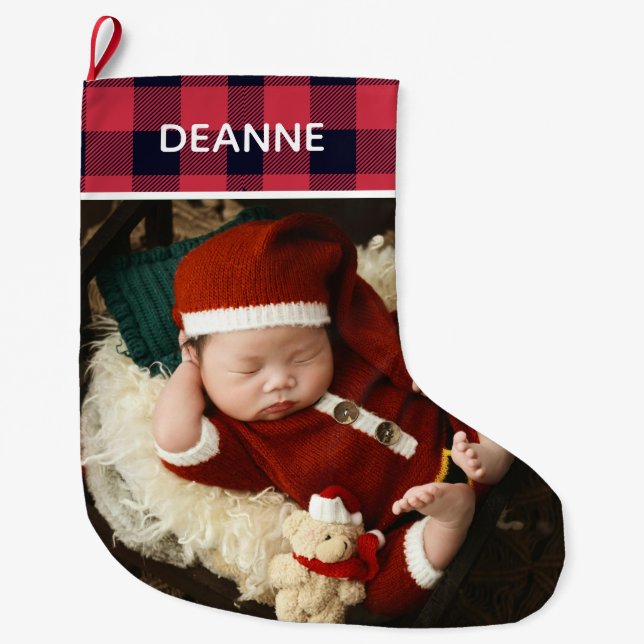 Red Plaid Baby's First Christmas 1 Photo  Large Christmas Stocking (Front)
