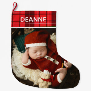 Red Plaid Baby's First Christmas 1 Photo Large Christmas Stocking