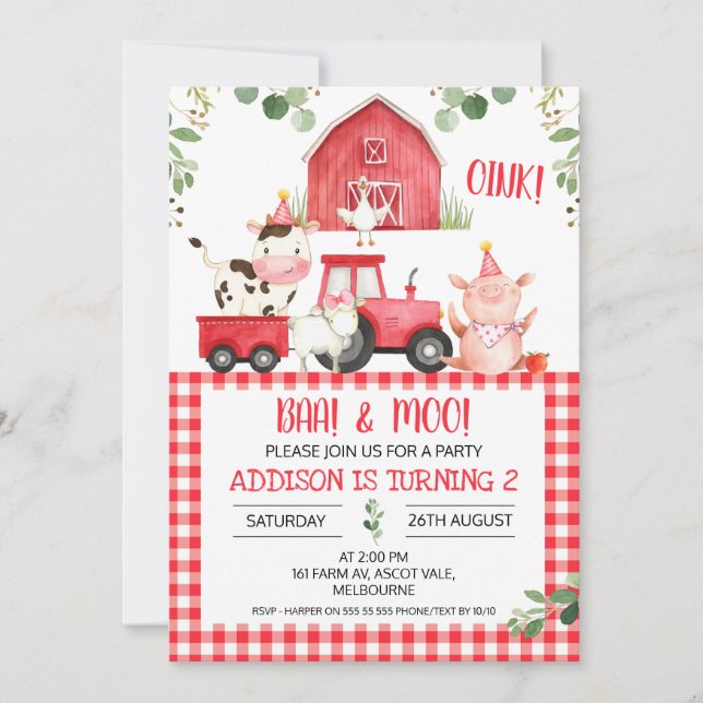 Red Plaid Barn Tractor Farm Birthday Invitation (Front)