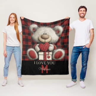 Red Plaid Bear I Love You Custom Name Monogram Fleece Blanket