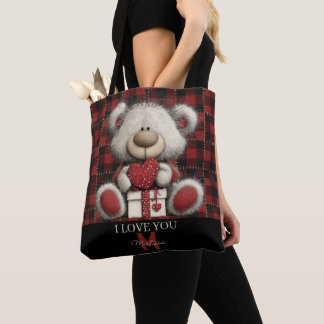 Red Plaid Bear I Love You Custom Name Monogram Tote Bag
