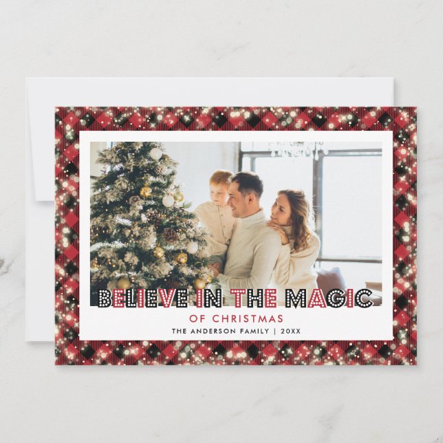Red Plaid Believe In The Magic Of Christmas Photo Holiday Card (Front)