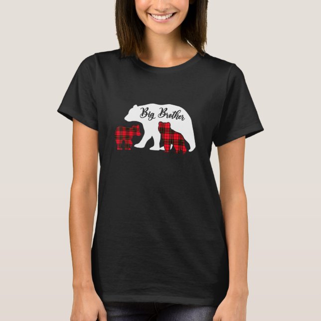 Red Plaid Big Brother Bear Two Cubs Buffalo Pajama T-Shirt (Front)