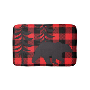 Red Plaid Black Bear Silhouette Bath Mat
