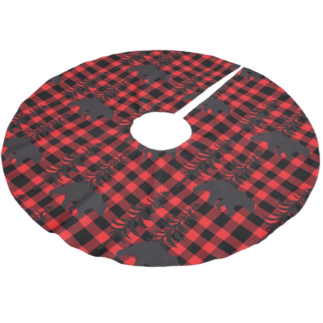 Red Plaid Black Bear Silhouette Brushed Polyester Tree Skirt (Angled)