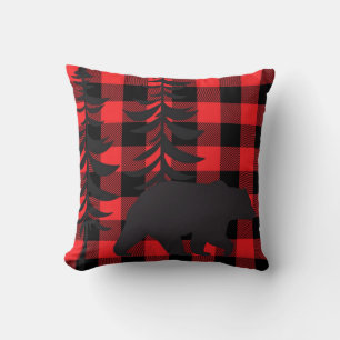 Red Plaid Black Bear Silhouette Cushion