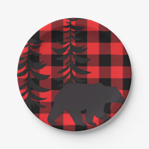 Red Plaid Black Bear Silhouette Paper Plate