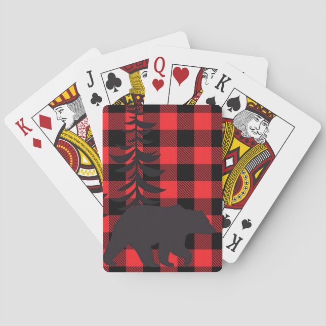 Red Plaid Black Bear Silhouette Playing Cards (Back)