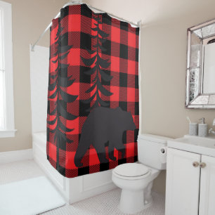 Red Plaid Black Bear Silhouette Shower Curtain