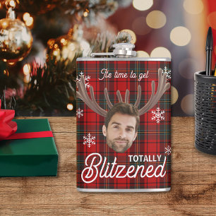 Red Plaid Blitzened Holiday Humor Drinking Flask