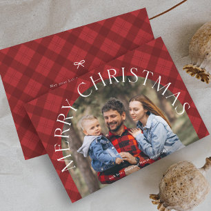 Red Plaid Boho Arch Merry Christmas Photo Holiday Card