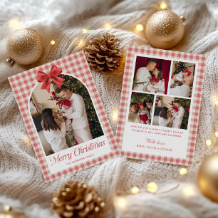 Red Plaid Boho Bow Ribbon 5 Photo Holiday Card