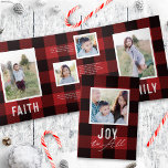 Red Plaid   Bold Typography Holiday Photo Card<br><div class="desc">This beautiful tri-fold design features a red and black buffalo plaid background and bold typography. The greeting on the front cover says simply "joy to all" and continues inside with "faith" and "family". As you open the first panel you see a single square photo with your main holiday text. As...</div>