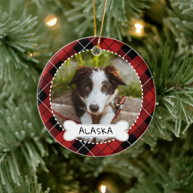 Red Plaid Bone Dog Photo & Name Ceramic Ornament (Tree)