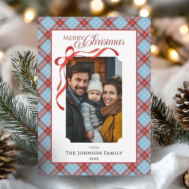Red Plaid Bow Family Christmas Photo Holiday Card (Plaid Bow Family Photo Merry Christmas Holiday Card)