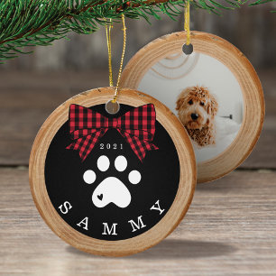 Red Plaid Bow Paw Print Pet Photo Wood Slice Ceramic Ornament