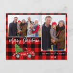 Red Plaid Brush Script Truck 2 Photo Christmas Postcard<br><div class="desc">Modern Brush Script Watercolor Vintage Red Truck with Christmas Tree - Merry Christmas Family 2 Photo Red Plaid Postcard</div>