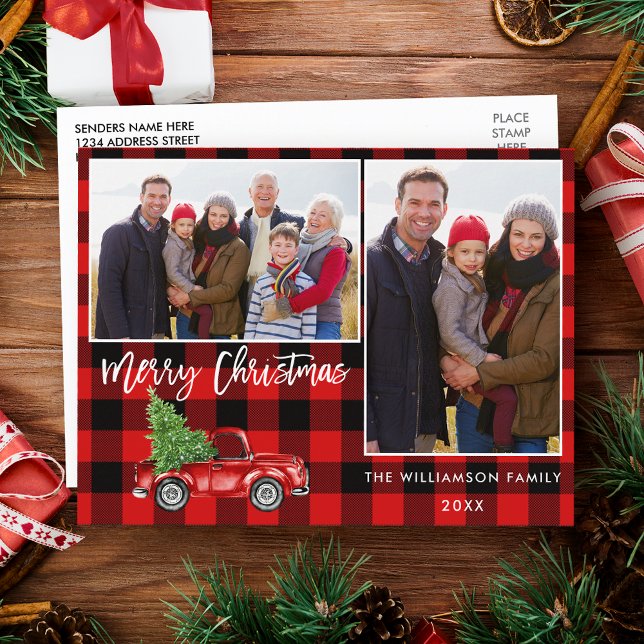 Red Plaid Brush Script Truck 2 Photo Christmas Postcard (Customize to change your personalized text size or text style.)