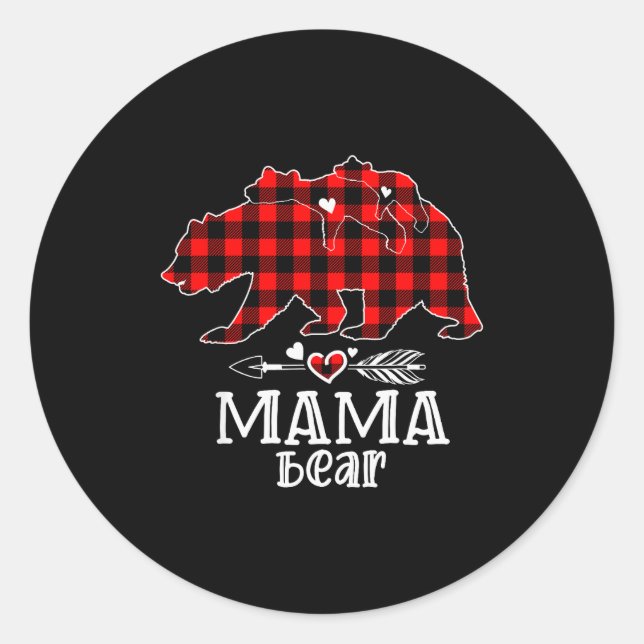 Red Plaid Buffalo Mama Bear Christmas Pajamas Fami Classic Round Sticker (Front)