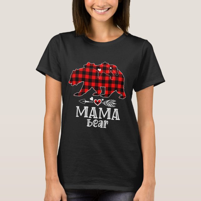 Red Plaid Buffalo Mama Bear Christmas Pajamas Fami T-Shirt (Front)