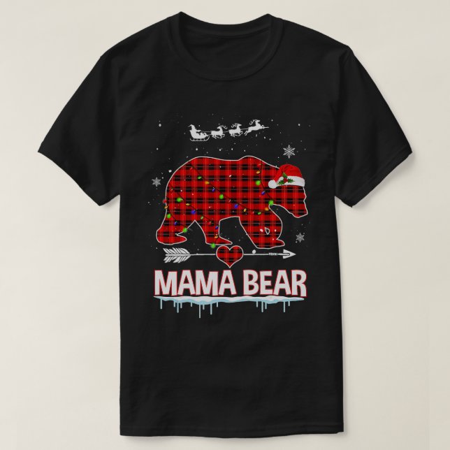 Red Plaid Buffalo Mama Bear Christmas Pyjamas Fami T-Shirt (Design Front)