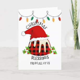 Red Plaid Buffalo Santa Christmas Pudding Holiday Card