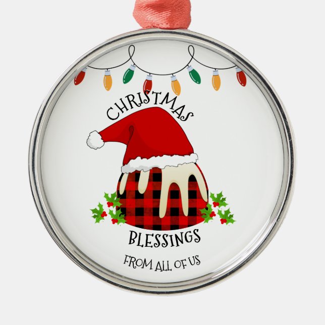 Red Plaid Buffalo Santa Christmas Pudding Metal Ornament (Front)