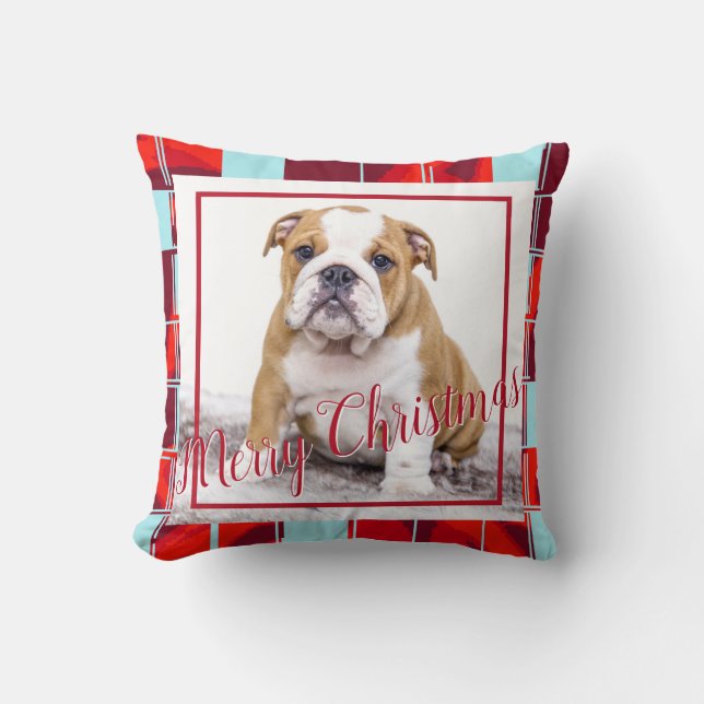 Red Plaid Bulldog Dog Photo Merry Christmas Cushion (Front)