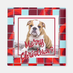 Red Plaid Bulldog Dog Photo Merry Christmas Magnet
