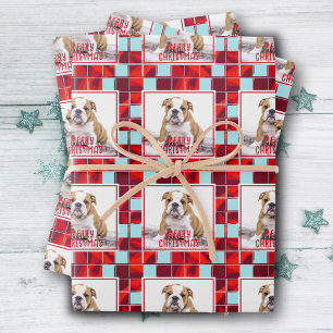 Red Plaid Bulldog Dog Photo Merry Christmas  Wrapping Paper Sheet