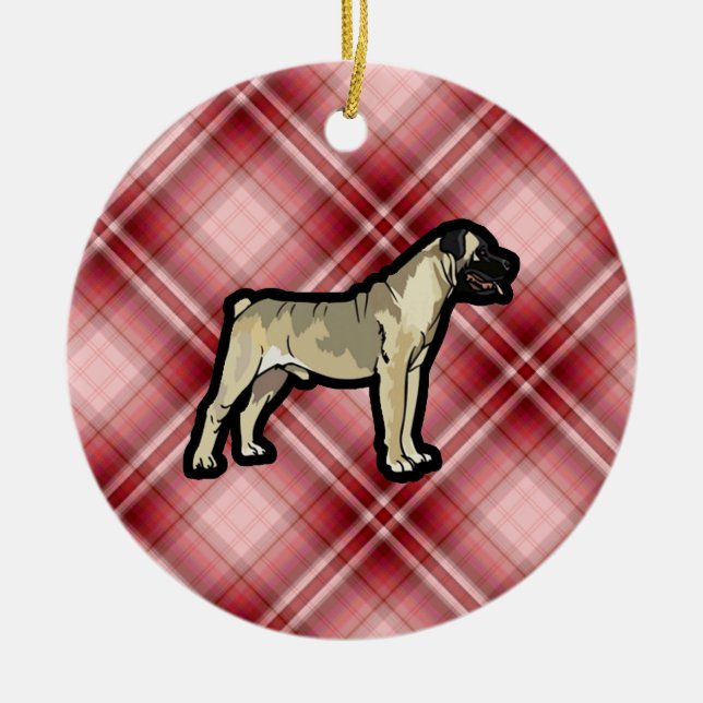 Red Plaid Bullmastiff Ceramic Tree Decoration (Front)