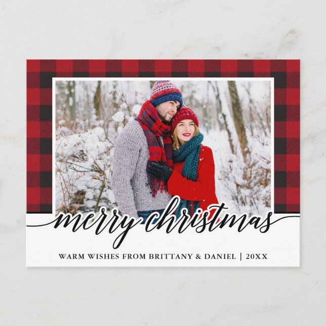 Red Plaid Calligraphy Couple Merry Christmas Postcard (Front)