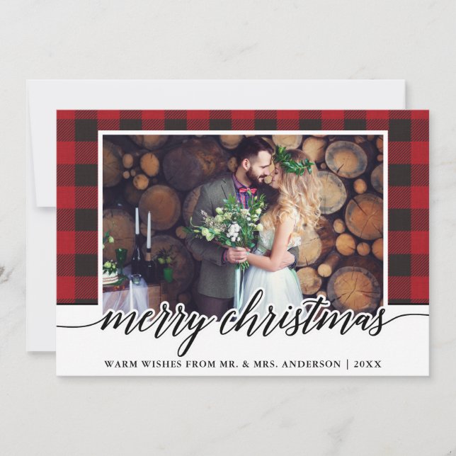 Red Plaid Calligraphy Wedding Merry Christmas Holiday Card (Front)