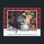Red Plaid Calligraphy Wedding Merry Christmas Postcard<br><div class="desc">Red Buffalo Plaid Wedding Photo Calligraphy Merry Christmas Holiday Postcard</div>