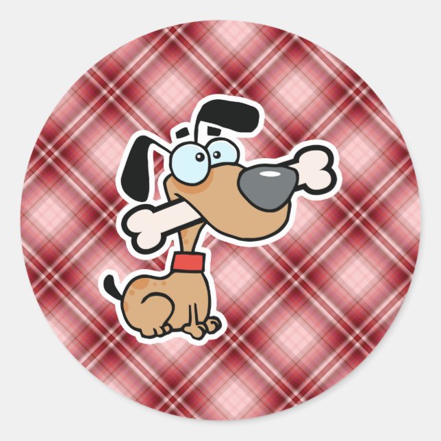 Red Plaid Cartoon Dog Classic Round Sticker (Front)