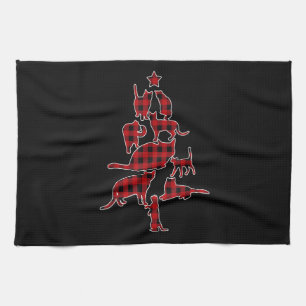 Red Plaid Cat Christmas Tree Pyjamas Family Cat Xm Tea Towel