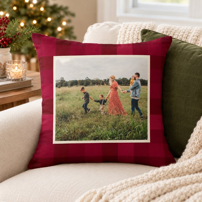 Red Plaid Check Pattern Rustic Custom Photo Cushion (Creator Uploaded)