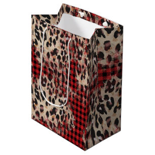 Red Plaid Cheetah Print Funky Christmas Medium Gift Bag