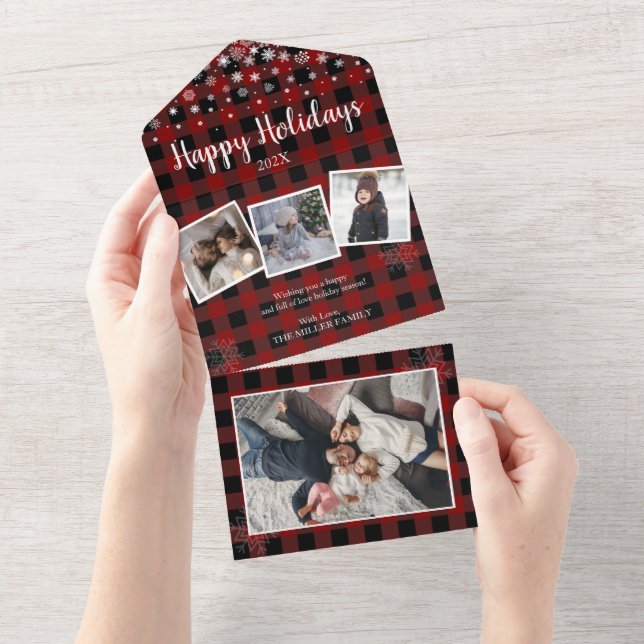 Red plaid Christmas 4 photos all in one card (Tearaway)