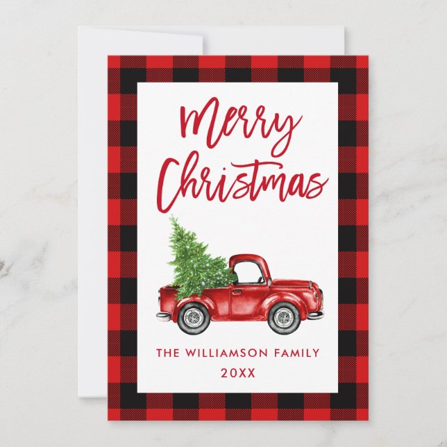 Red Plaid Christmas Brush Script Vintage Truck Holiday Card (Front)