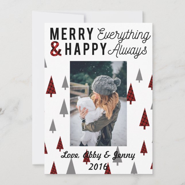 Red Plaid Christmas Card 5x7 Modern Triangle Trees (Front)